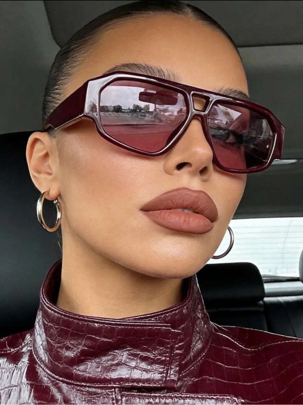 1pc Retro Double-Bridge Fashion Glasses, Casual Versatile Burgundy Glasses